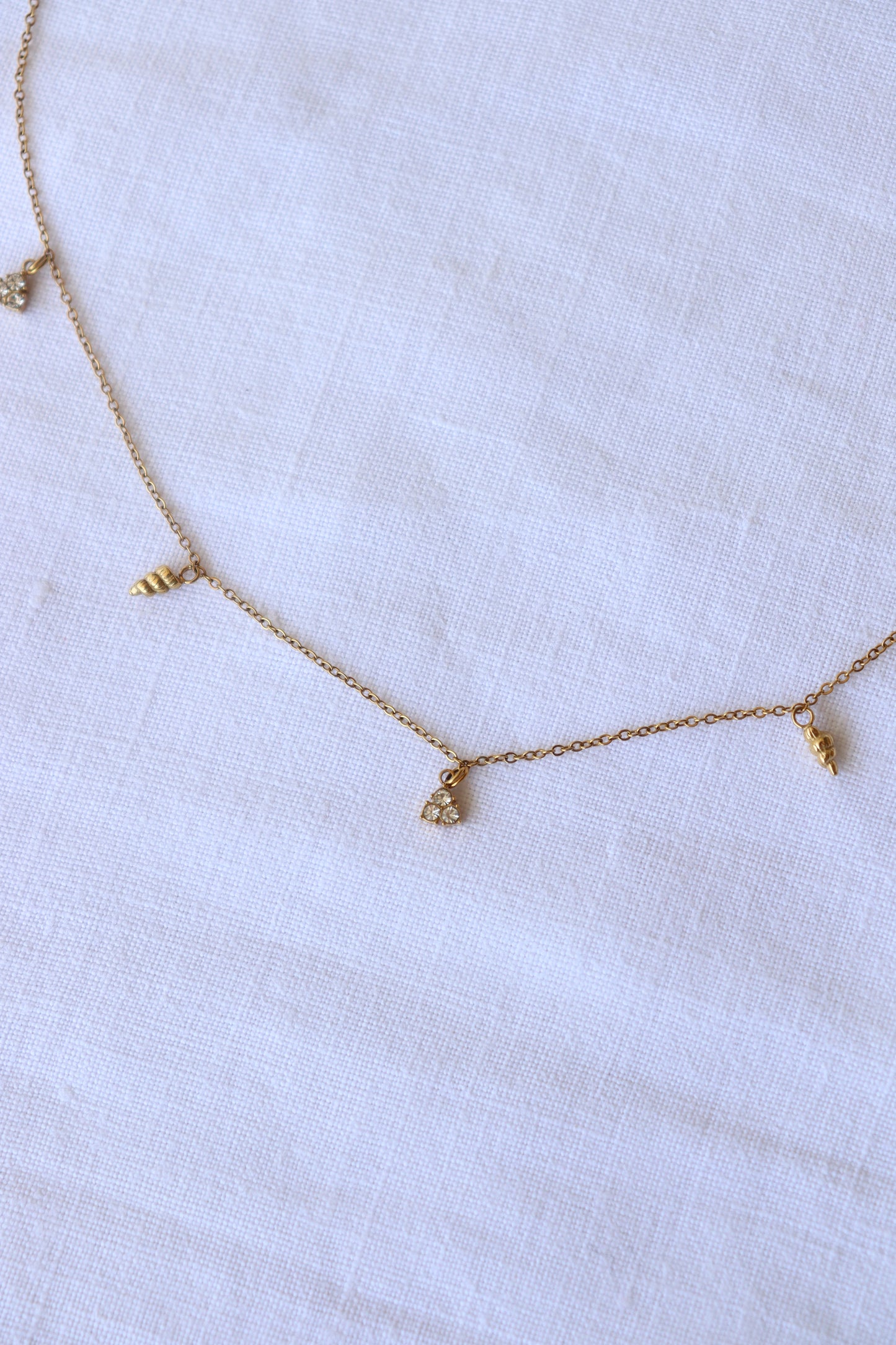 Collana Austaris con conchiglie e punto luce in acciaio, gioiello donna elegante da indossare ogni giorno, perfetto per l'estate