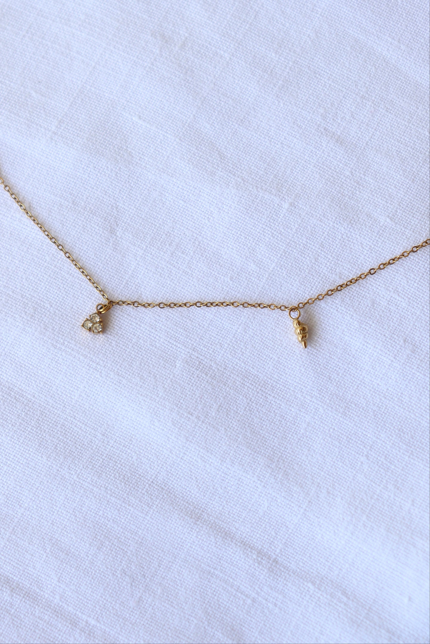 Dettaglio Collana Austaris con conchiglie e punto luce in acciaio, gioiello donna elegante da indossare ogni giorno, perfetto per l'estate